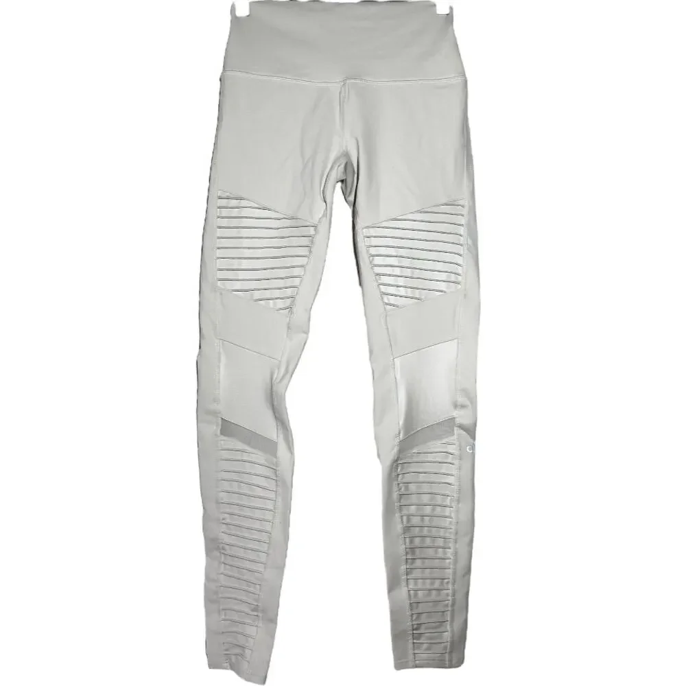 Alo Yoga 7/8 High Waist Moto Leggings Mesh Pleated Elastic Waist White Small - Picture 2 of 5